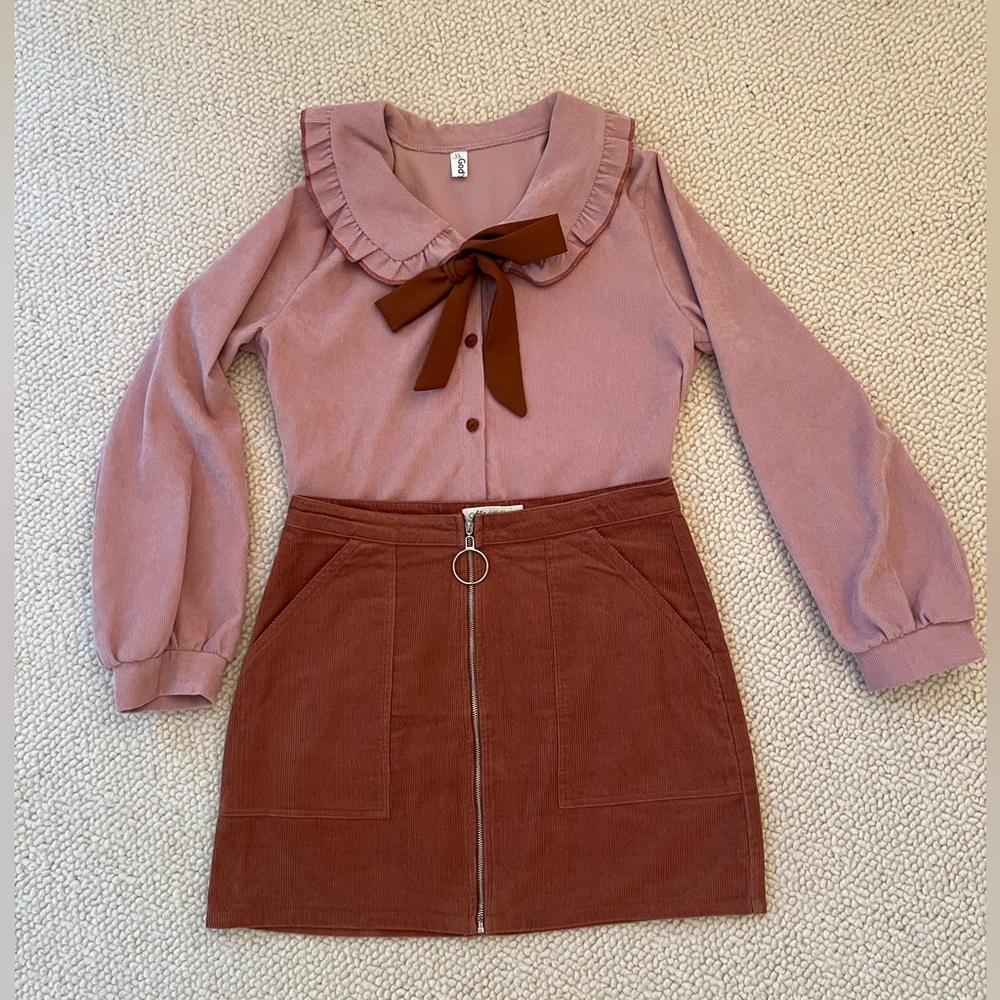 Ruffled Collar Bow Blouse & Zip Front Corduroy Skirt Set - Pink & Rust
